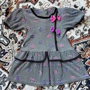 Vintage Houndstooth & Roses 90’s Girls Dress Black Lace Trim Size 5 Toddler